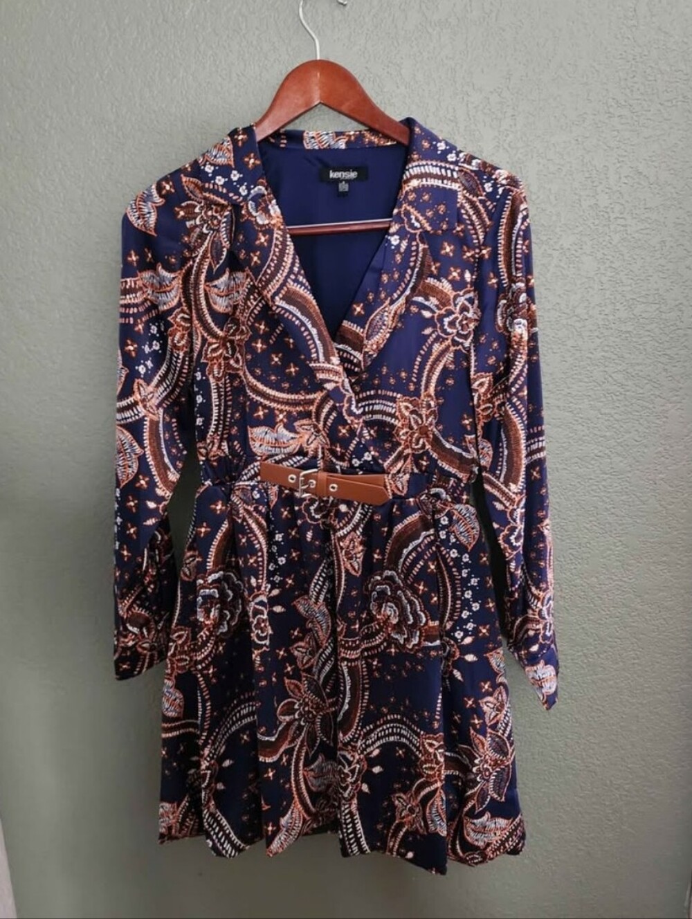 Navy Paisley Wrap Dress with Belt
